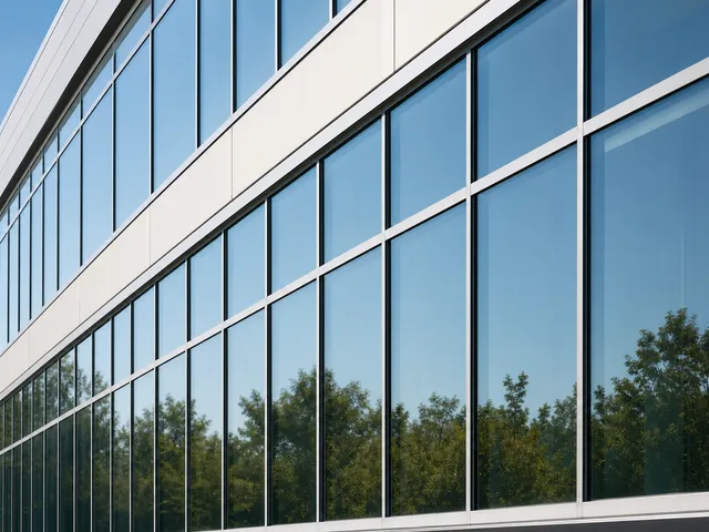 Einheitlich gepflegte Fensterfront eines Bürogebäudes als Symbol für verlässliche Reinigungsintervalle