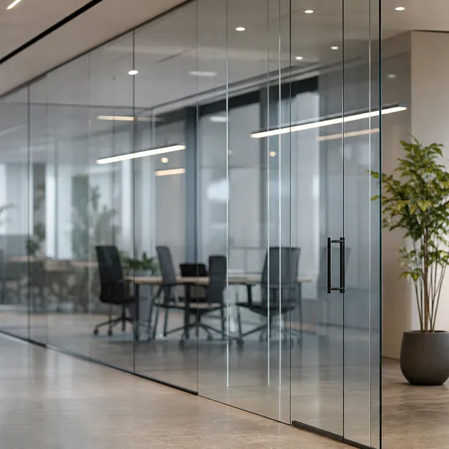 Moderne Innenverglasung mit Glastrennwänden und Glastür in einem Büro